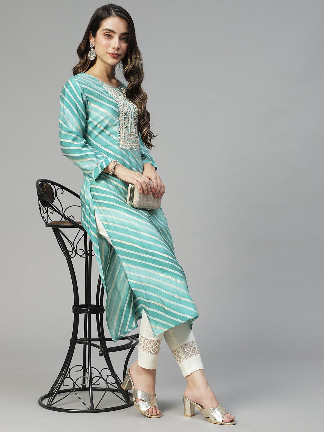 Leheriya Printed & Embroidered Straight Fit Kurta - Mint Green - Indiakreations