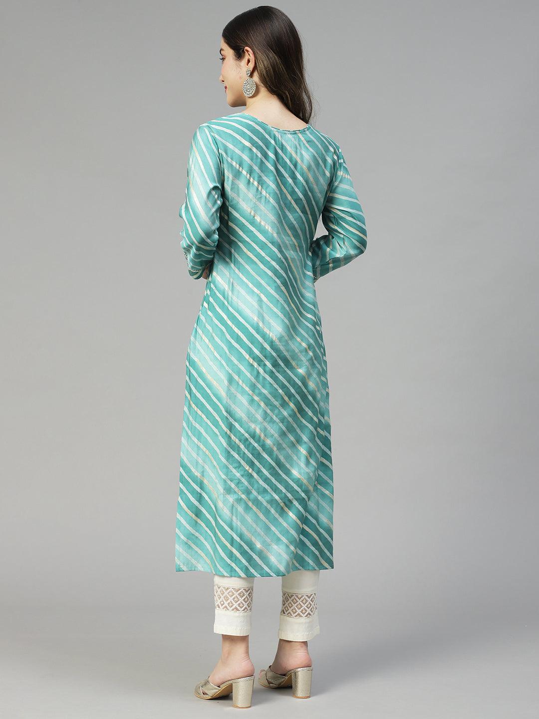 Leheriya Printed & Embroidered Straight Fit Kurta - Mint Green - Indiakreations