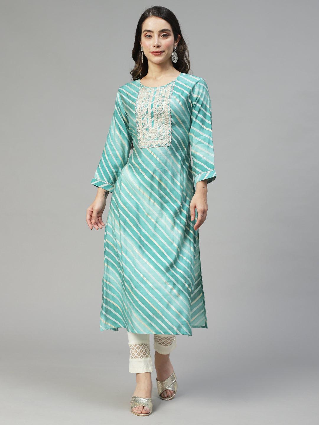 Leheriya Printed & Embroidered Straight Fit Kurta - Mint Green - Indiakreations