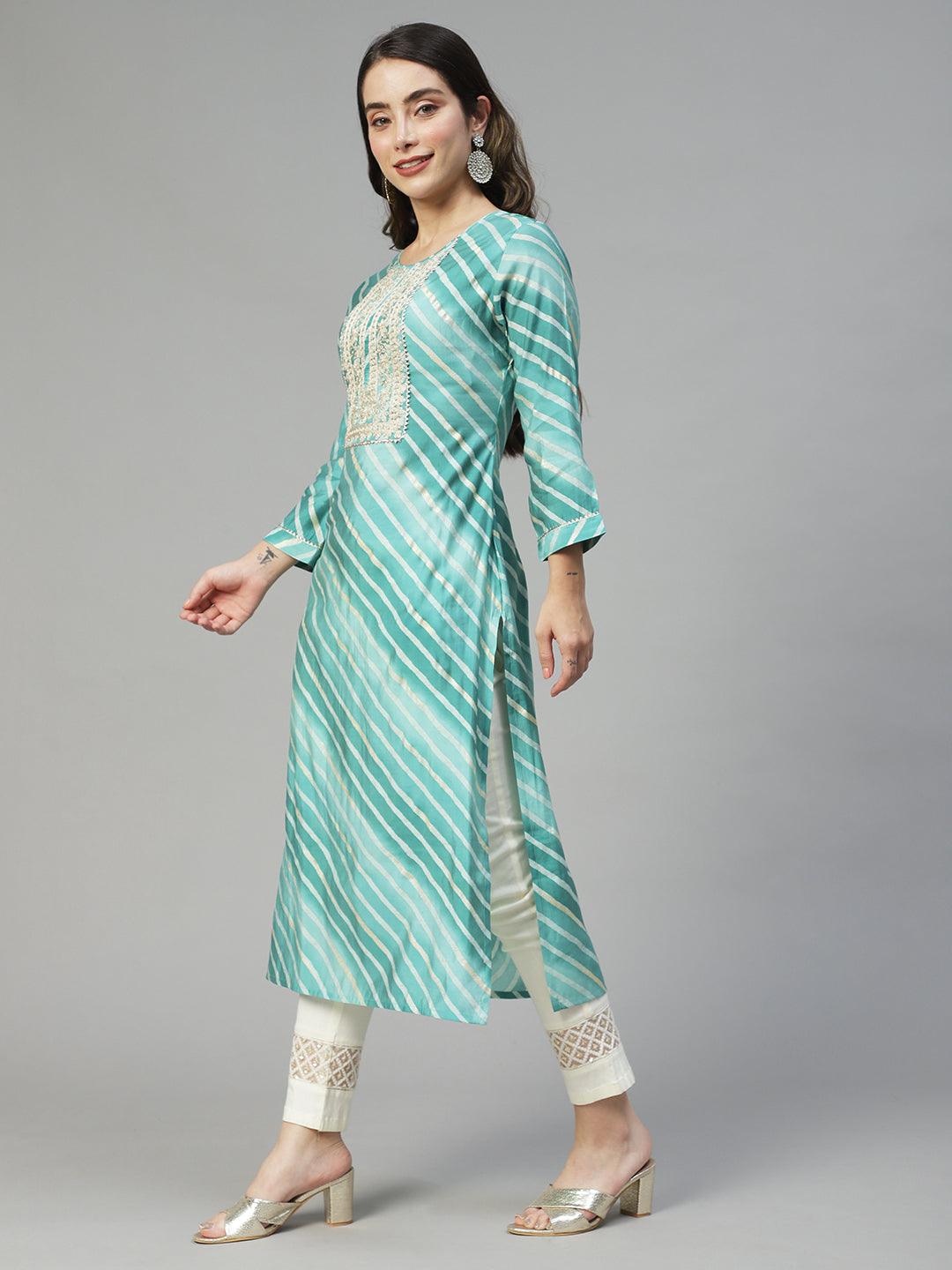 Leheriya Printed & Embroidered Straight Fit Kurta - Mint Green - Indiakreations