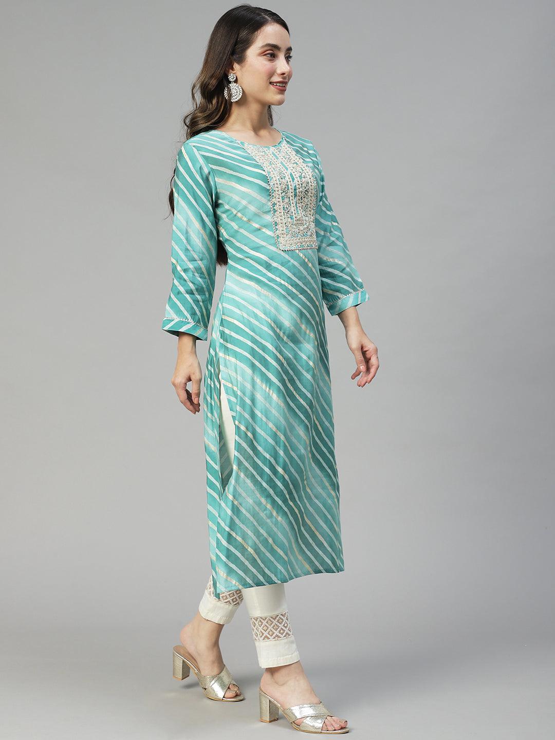 Leheriya Printed & Embroidered Straight Fit Kurta - Mint Green - Indiakreations