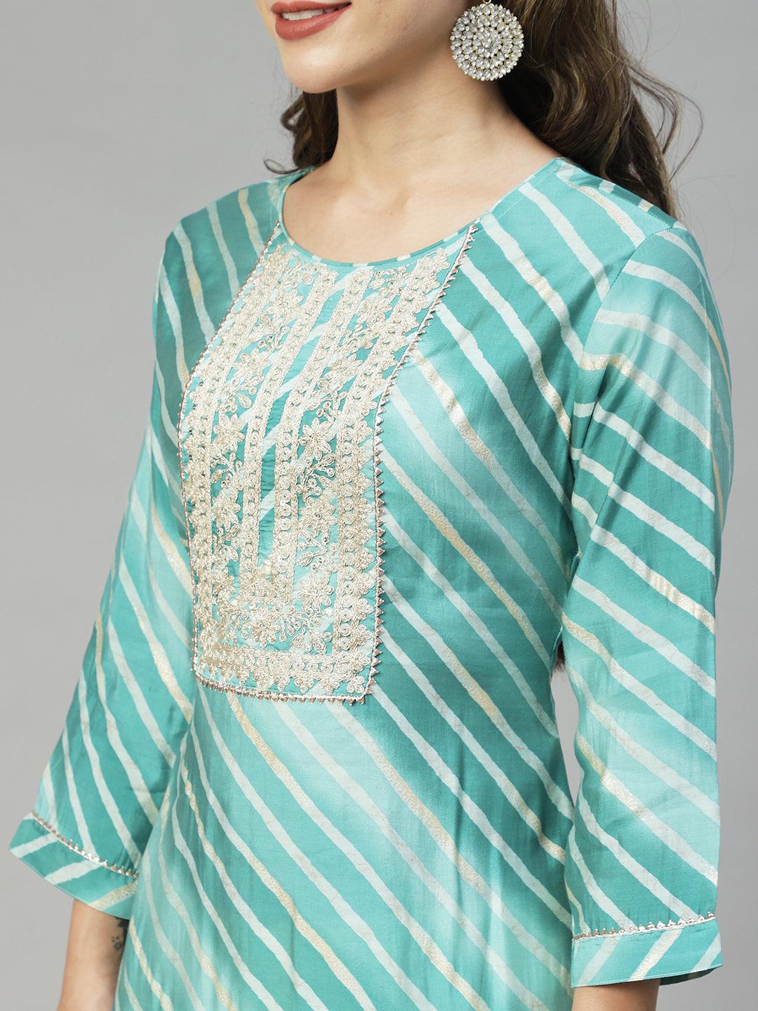 Leheriya Printed & Embroidered Straight Fit Kurta - Mint Green - Indiakreations