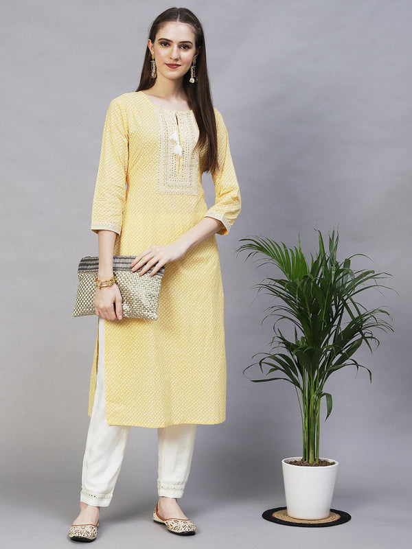 Ethnic Printed & Embroidered Straight Fit Kurta – Light Yellow - Indiakreations