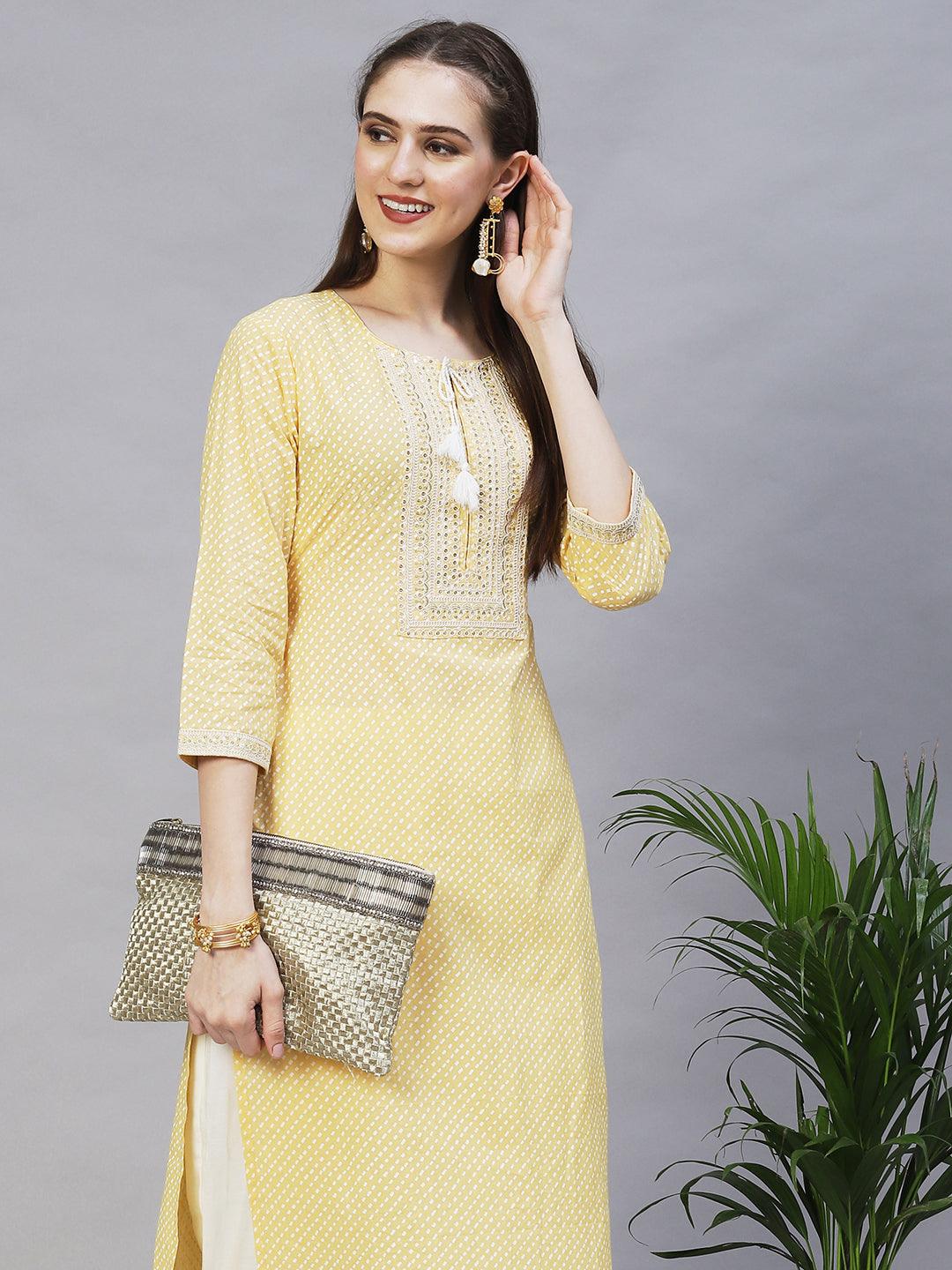 Ethnic Printed & Embroidered Straight Fit Kurta – Light Yellow - Indiakreations