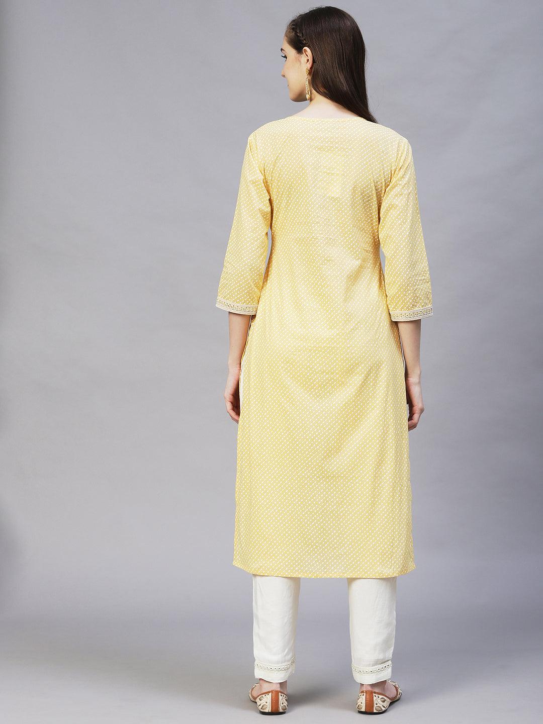 Ethnic Printed & Embroidered Straight Fit Kurta – Light Yellow - Indiakreations