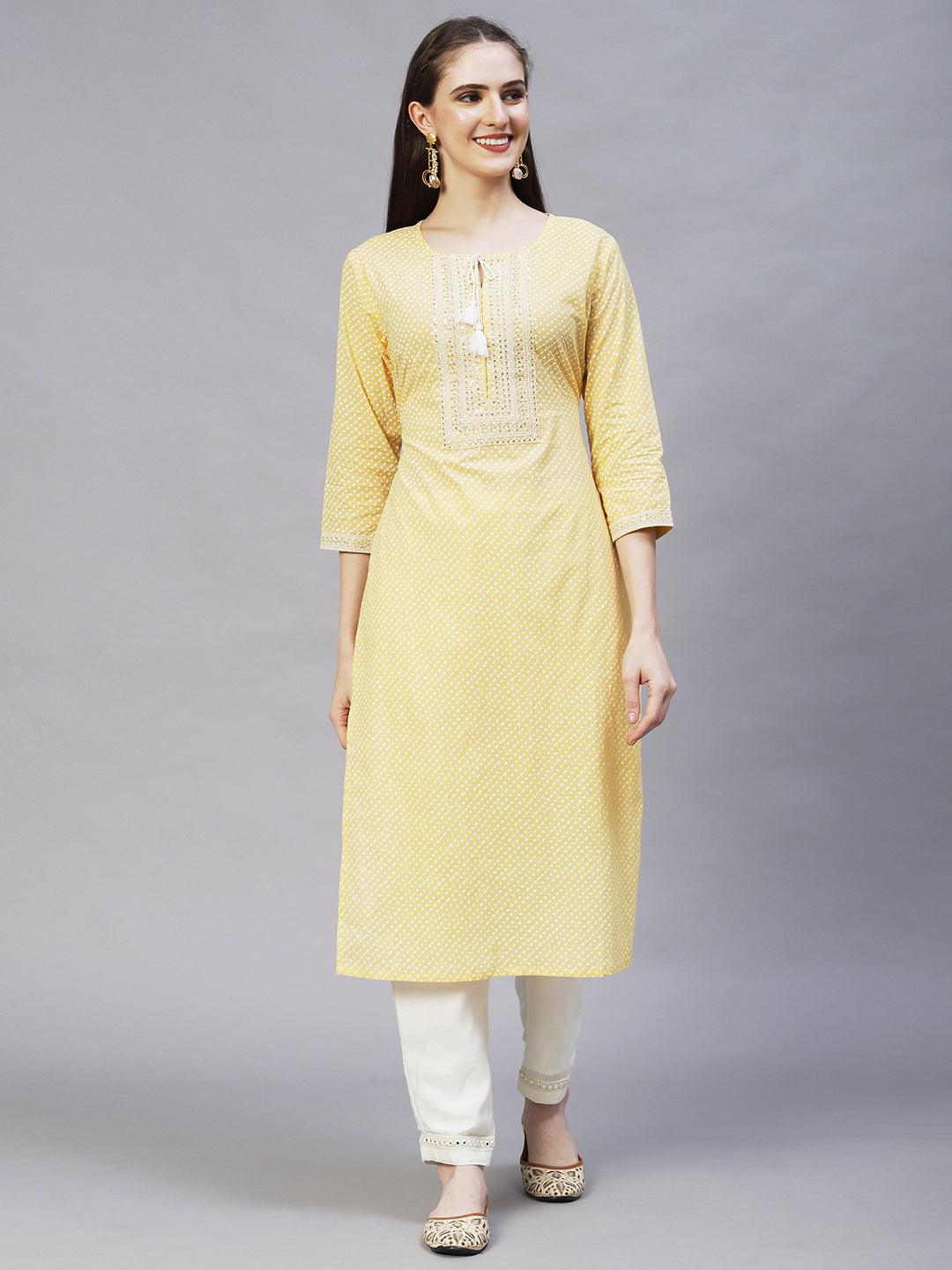 Ethnic Printed & Embroidered Straight Fit Kurta – Light Yellow - Indiakreations