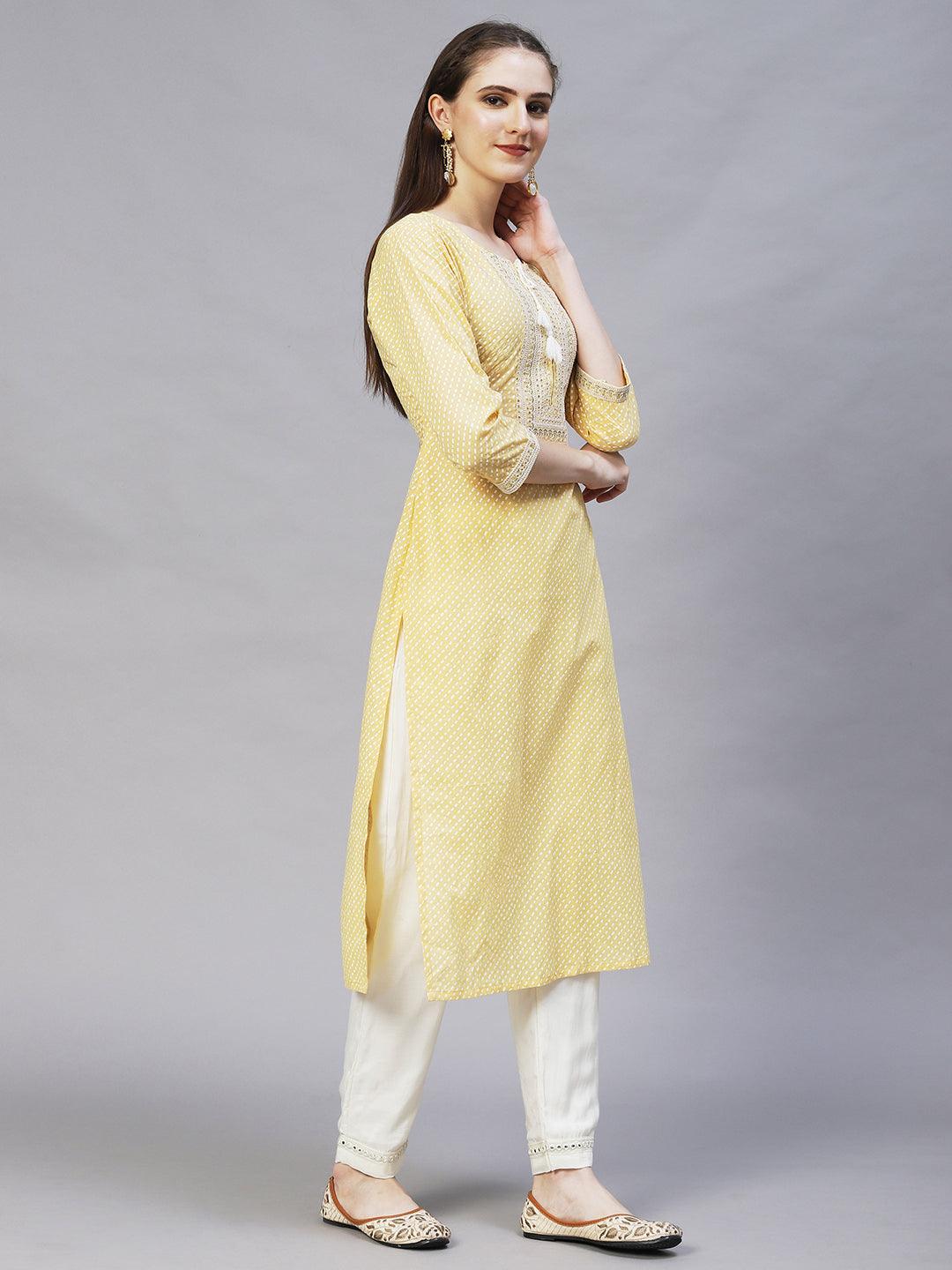 Ethnic Printed & Embroidered Straight Fit Kurta – Light Yellow - Indiakreations