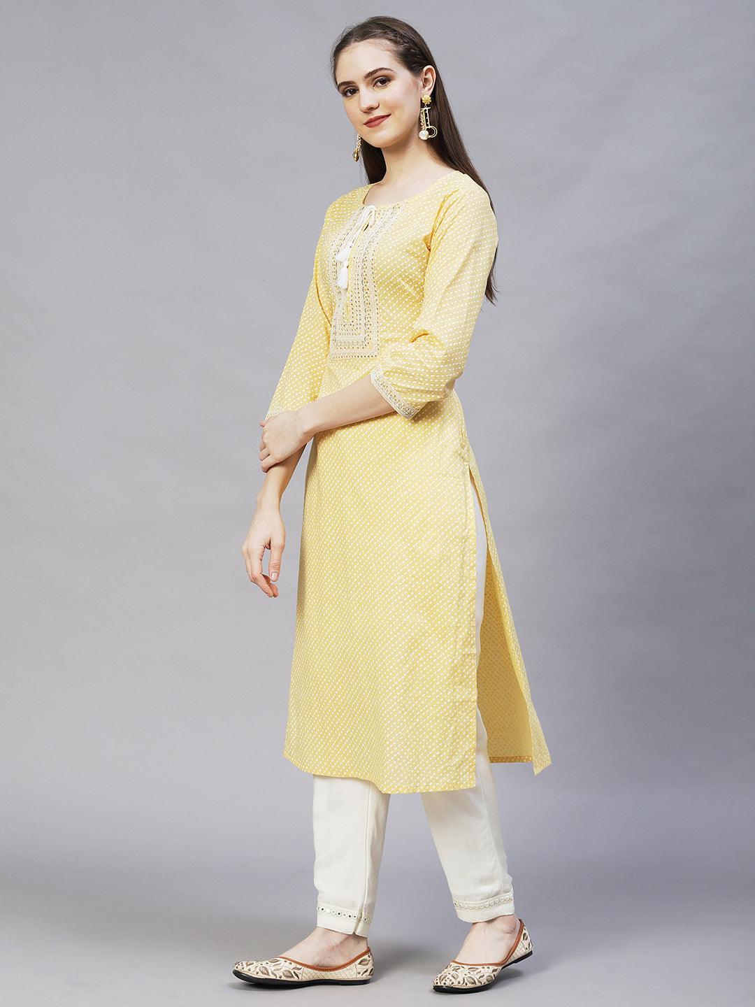 Ethnic Printed & Embroidered Straight Fit Kurta – Light Yellow - Indiakreations