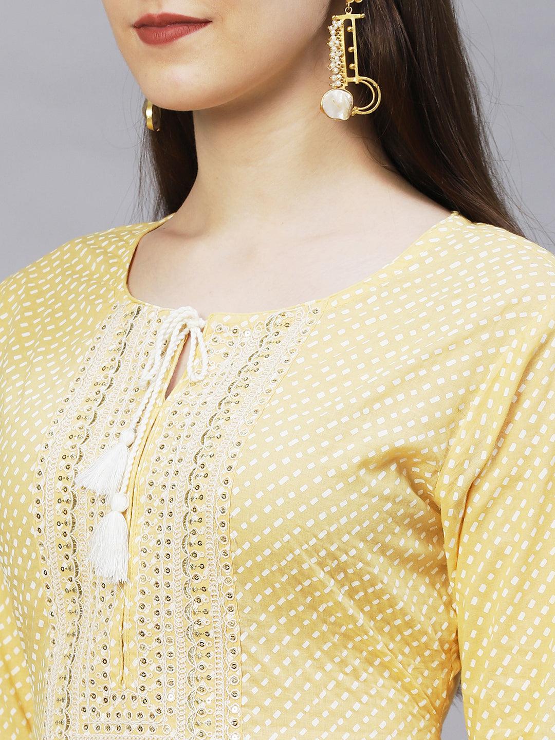 Ethnic Printed & Embroidered Straight Fit Kurta – Light Yellow - Indiakreations