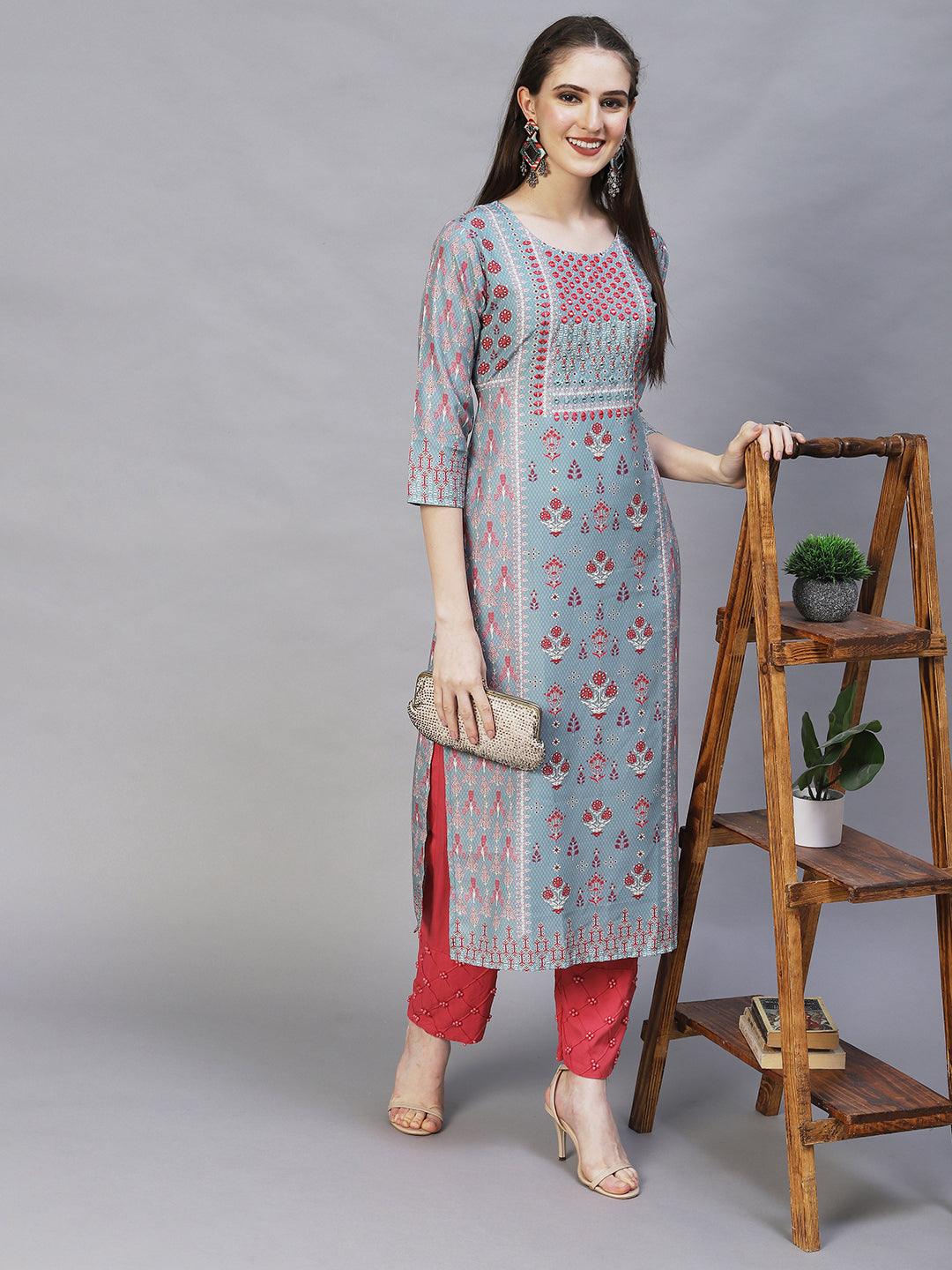 Ethnic Printed & Embroidered Straight Fit Kurta – Mint Green - Indiakreations