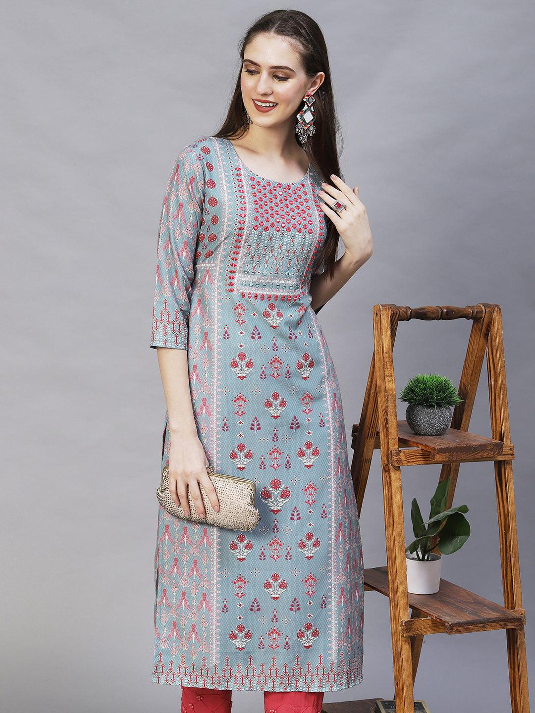 Ethnic Printed & Embroidered Straight Fit Kurta – Mint Green - Indiakreations