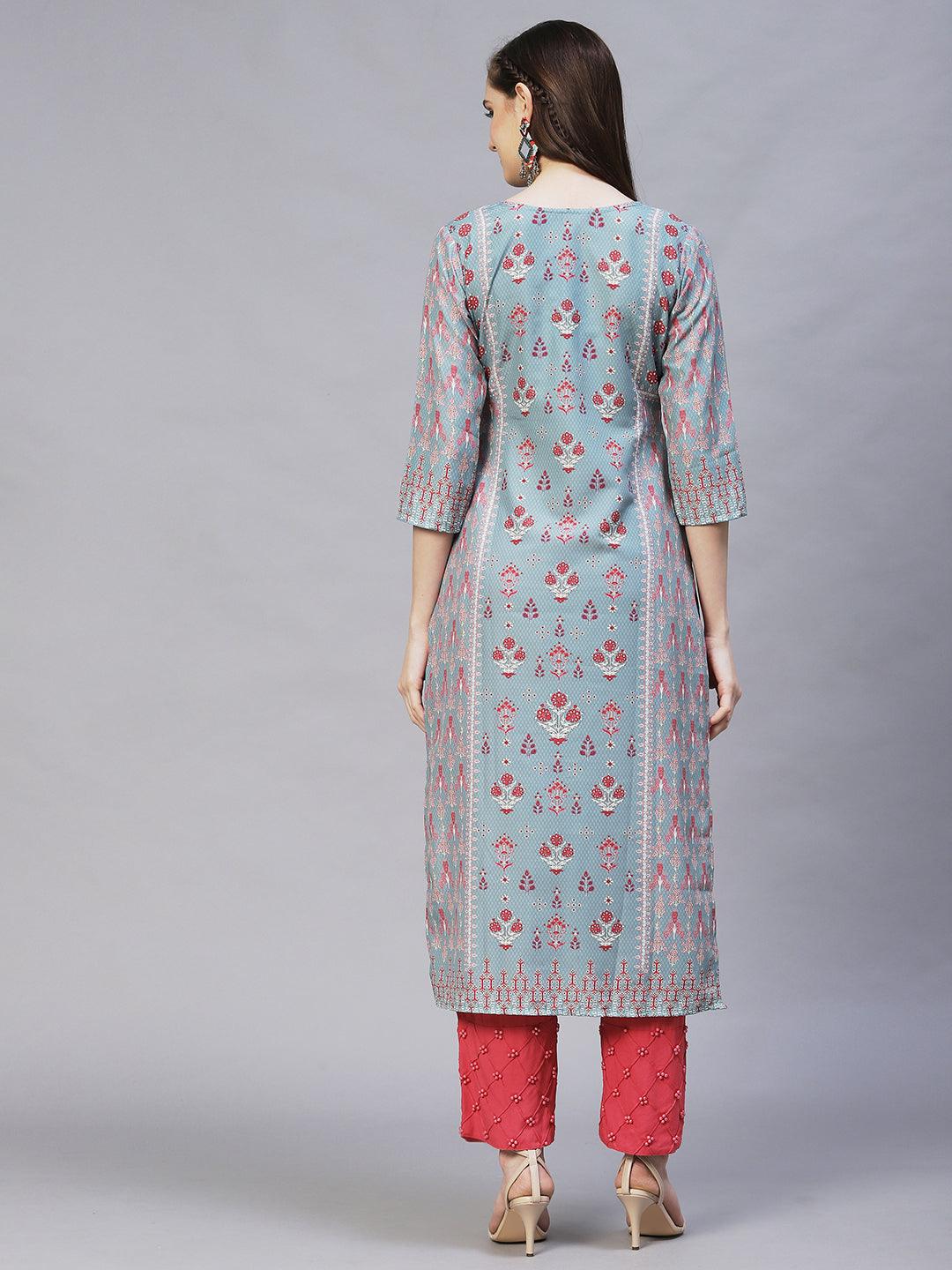 Ethnic Printed & Embroidered Straight Fit Kurta – Mint Green - Indiakreations