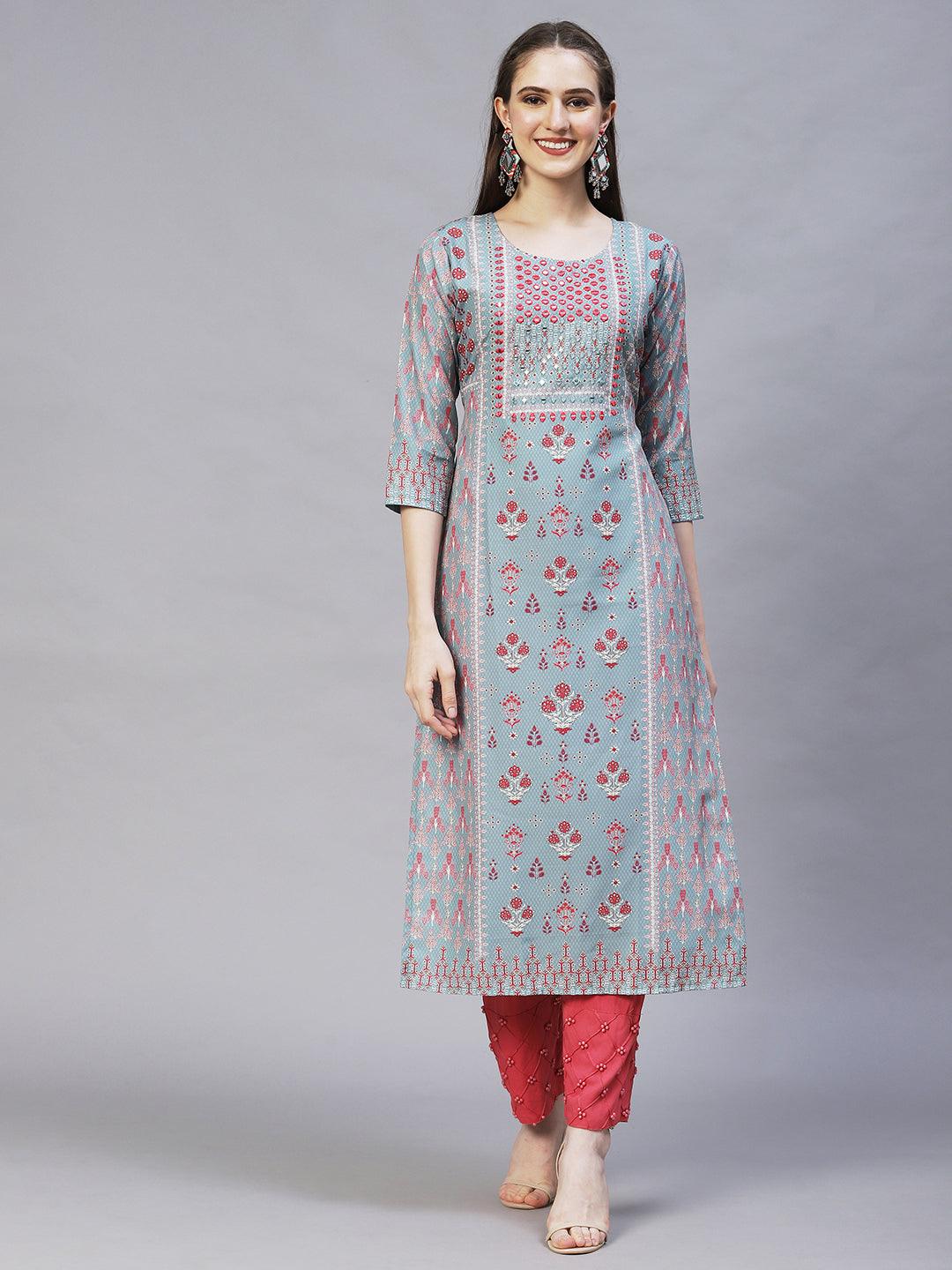 Ethnic Printed & Embroidered Straight Fit Kurta – Mint Green - Indiakreations