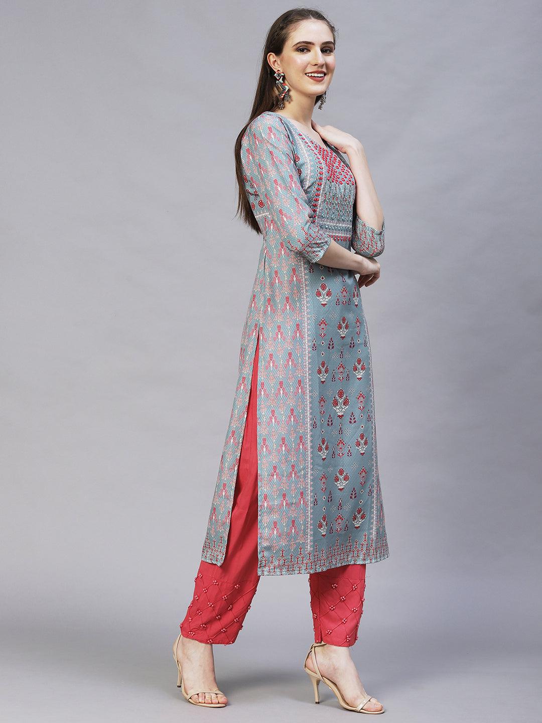 Ethnic Printed & Embroidered Straight Fit Kurta – Mint Green - Indiakreations