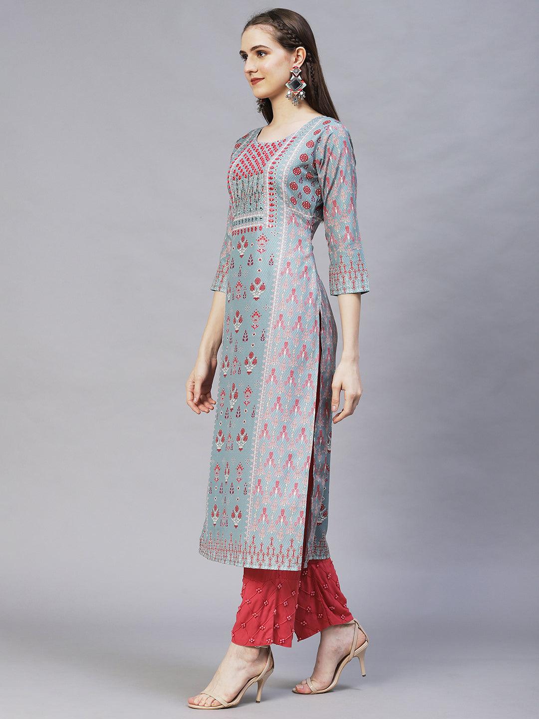 Ethnic Printed & Embroidered Straight Fit Kurta – Mint Green - Indiakreations