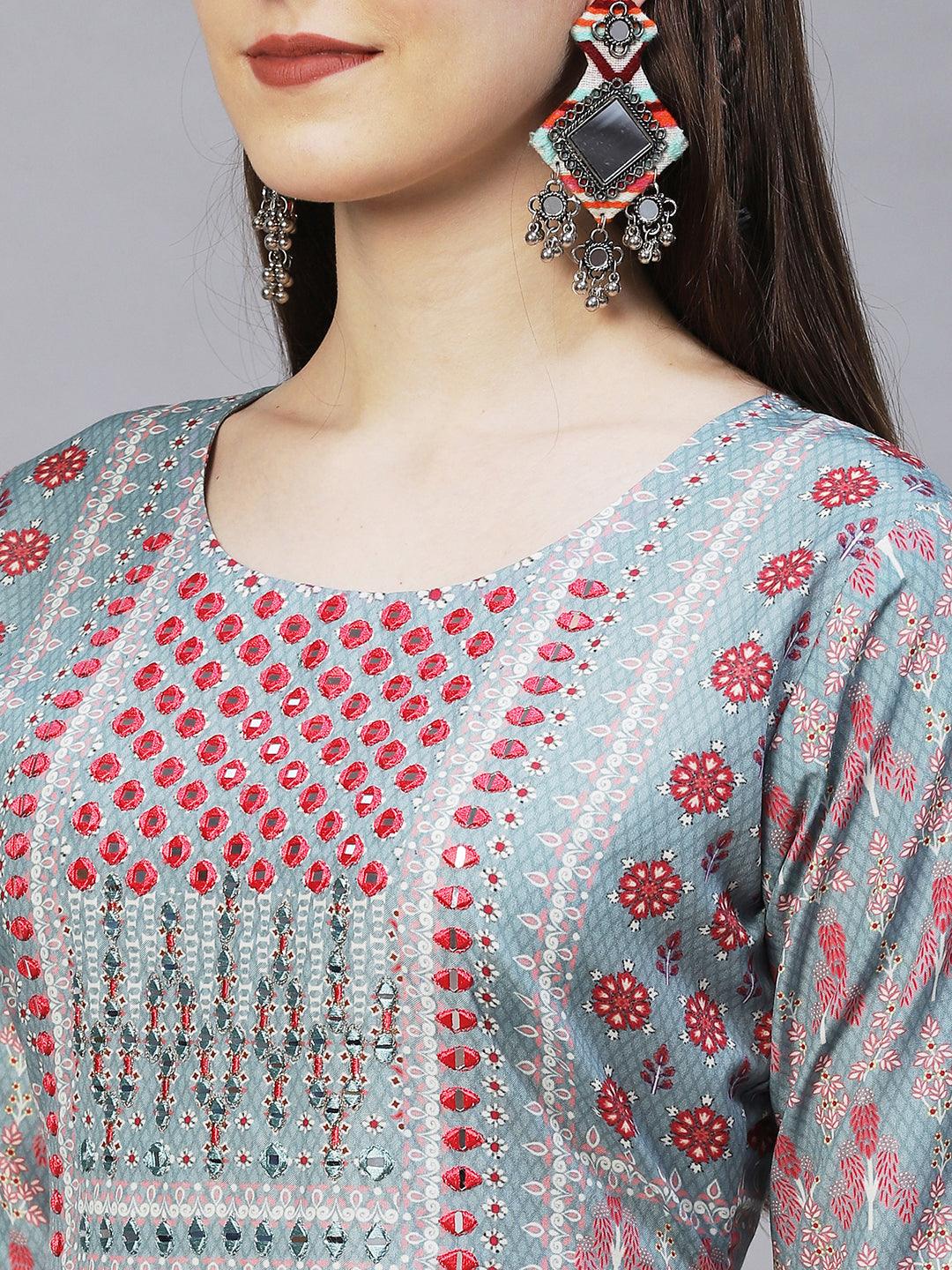 Ethnic Printed & Embroidered Straight Fit Kurta – Mint Green - Indiakreations