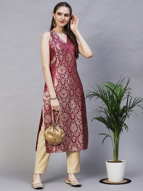 Ethnic Woven Straight Fit Kurta – Wine - Indiakreations