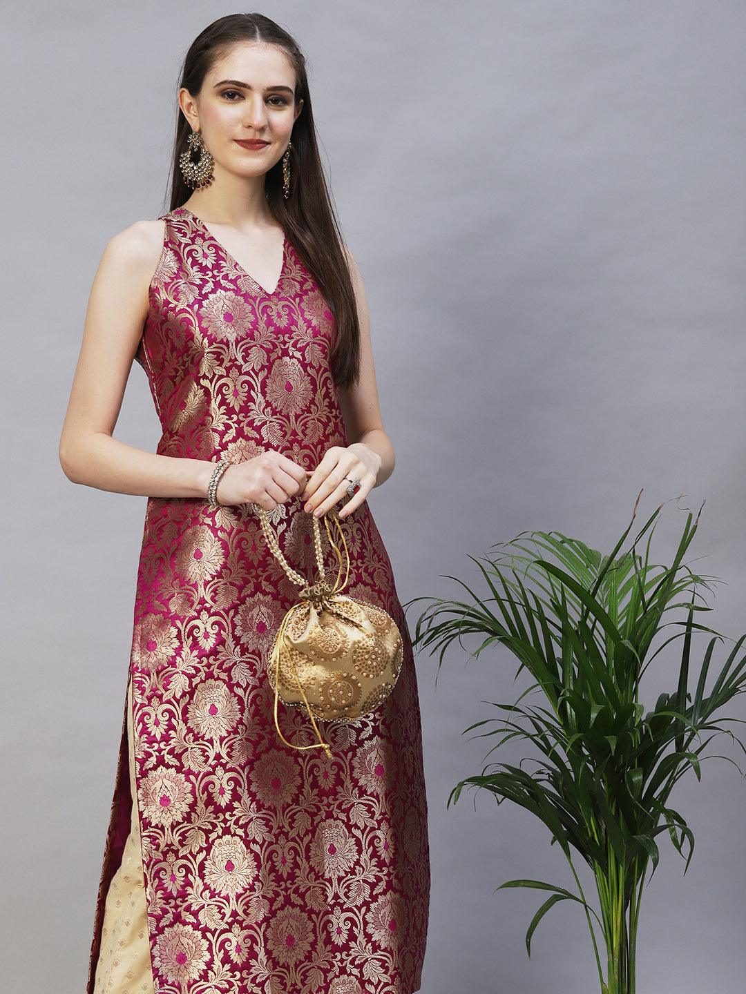 Ethnic Woven Straight Fit Kurta – Wine - Indiakreations