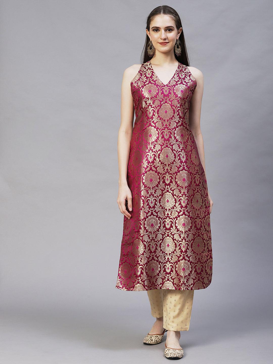 Ethnic Woven Straight Fit Kurta – Wine - Indiakreations