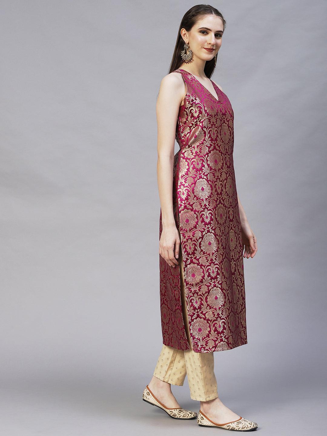 Ethnic Woven Straight Fit Kurta – Wine - Indiakreations