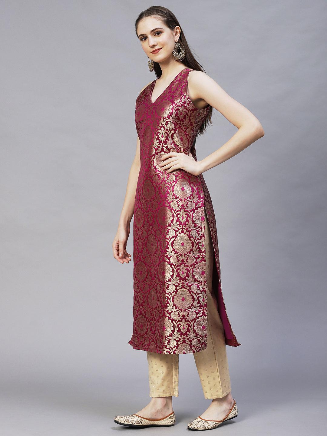 Ethnic Woven Straight Fit Kurta – Wine - Indiakreations