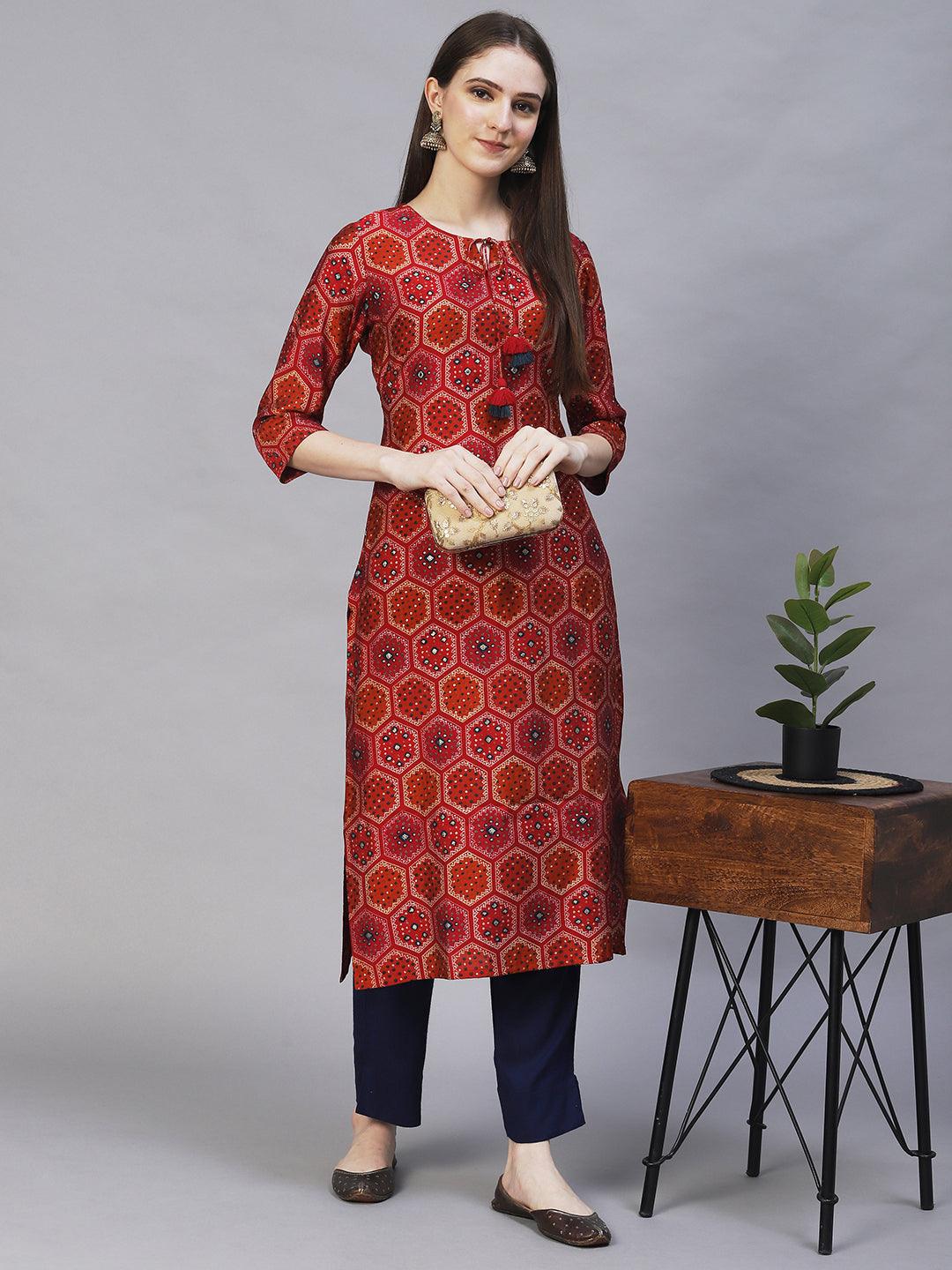 Ethnic Printed & Embroidered Straight Fit Kurta – Multi - Indiakreations