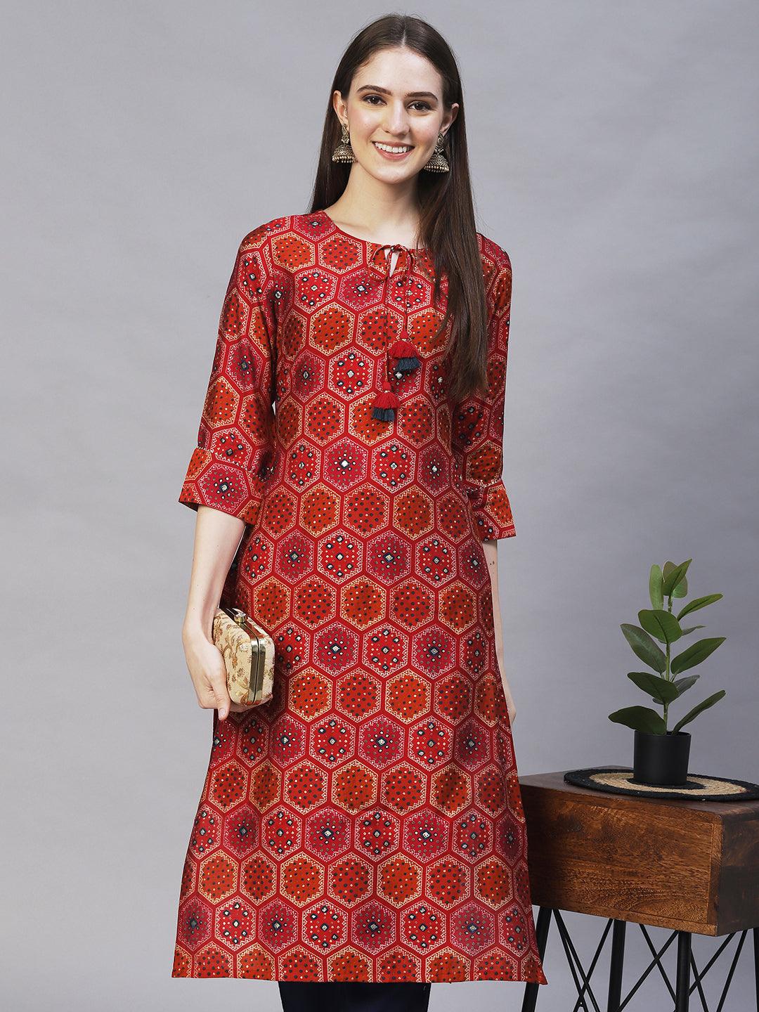 Ethnic Printed & Embroidered Straight Fit Kurta – Multi - Indiakreations