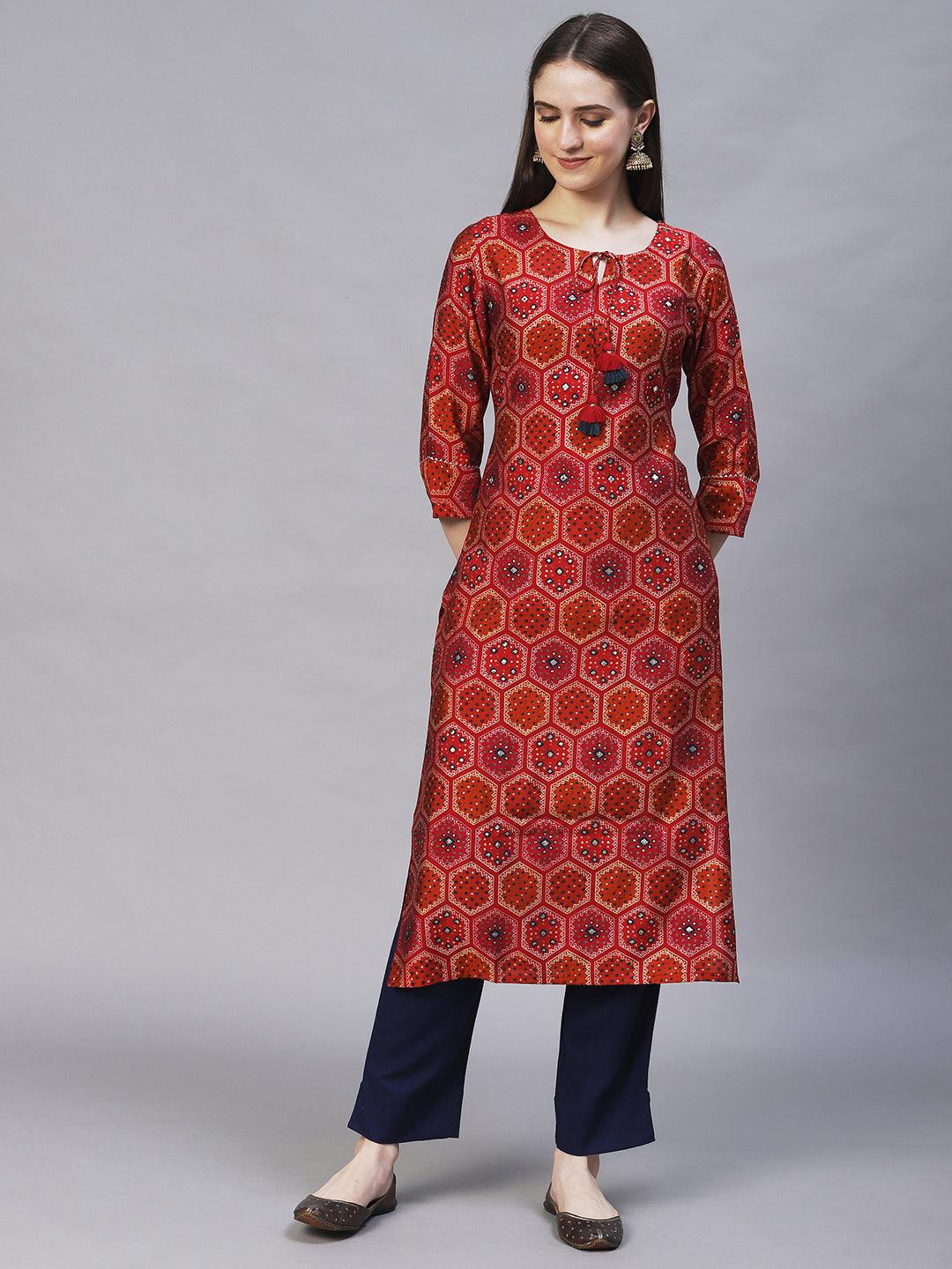 Ethnic Printed & Embroidered Straight Fit Kurta – Multi - Indiakreations