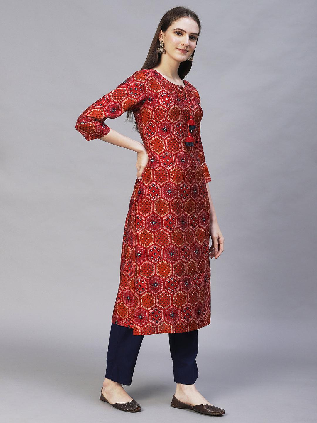 Ethnic Printed & Embroidered Straight Fit Kurta – Multi - Indiakreations