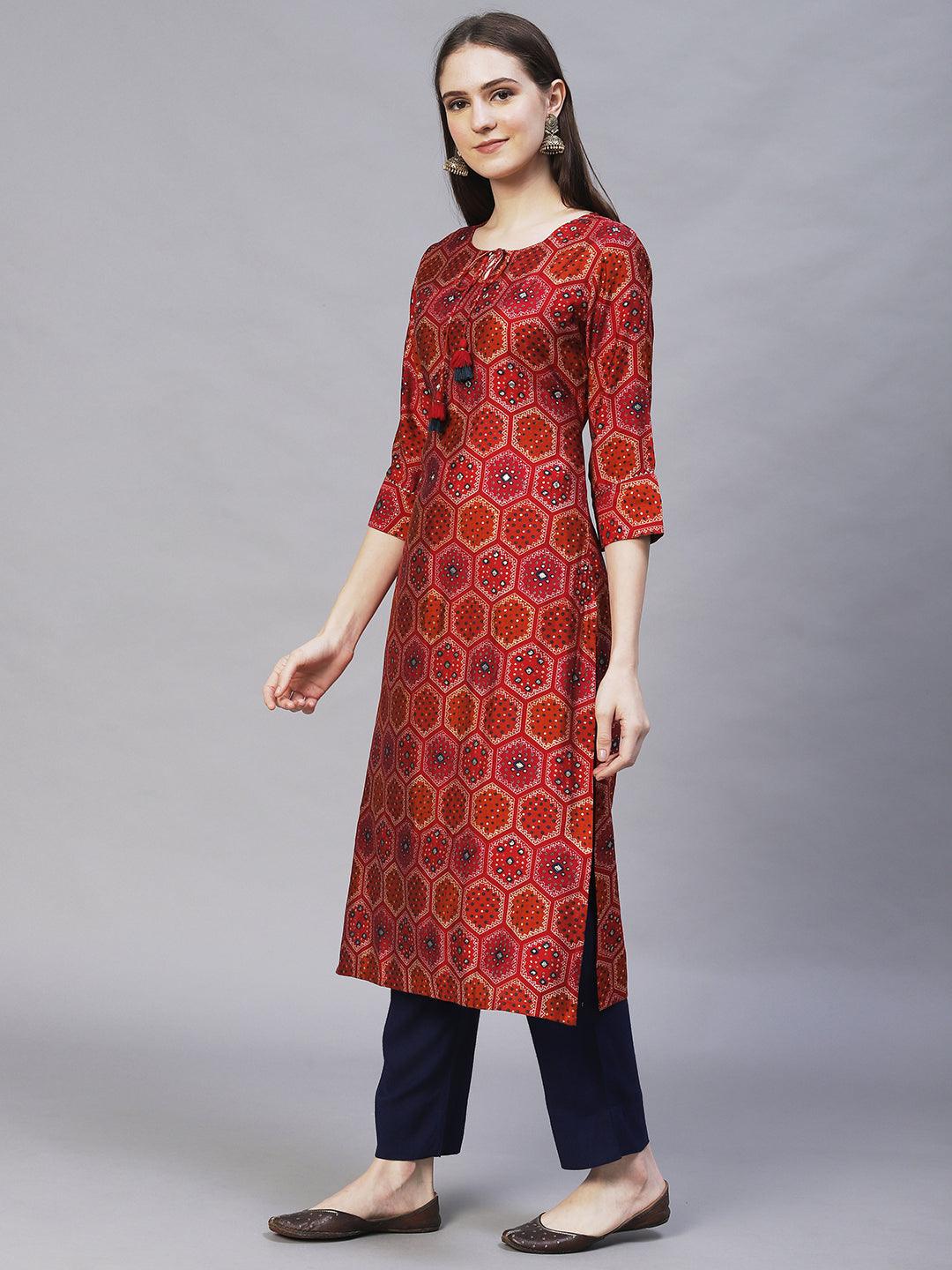 Ethnic Printed & Embroidered Straight Fit Kurta – Multi - Indiakreations