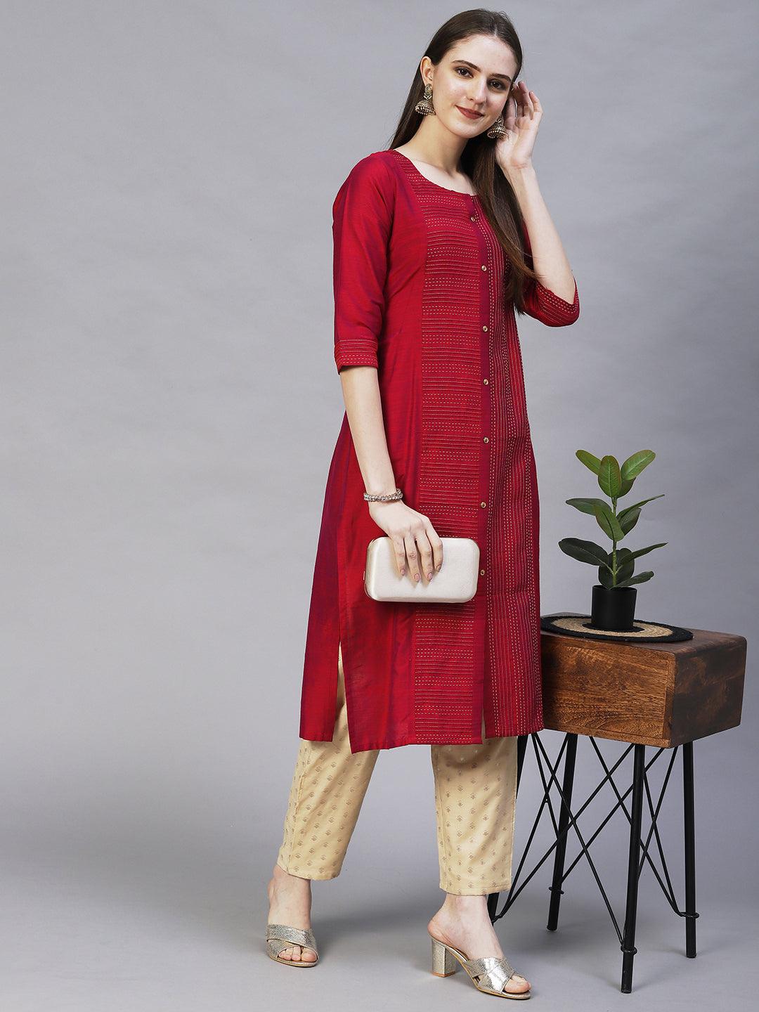 Ethnic Embroidered Straight Fit Kurta – Magenta - Indiakreations