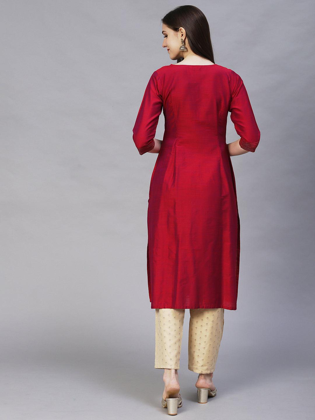 Ethnic Embroidered Straight Fit Kurta – Magenta - Indiakreations