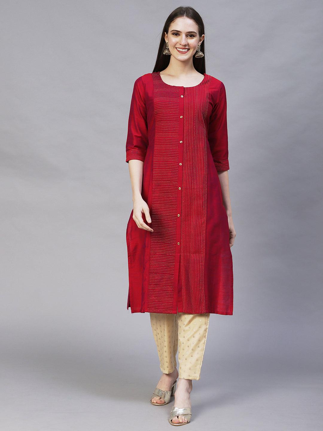 Ethnic Embroidered Straight Fit Kurta – Magenta - Indiakreations