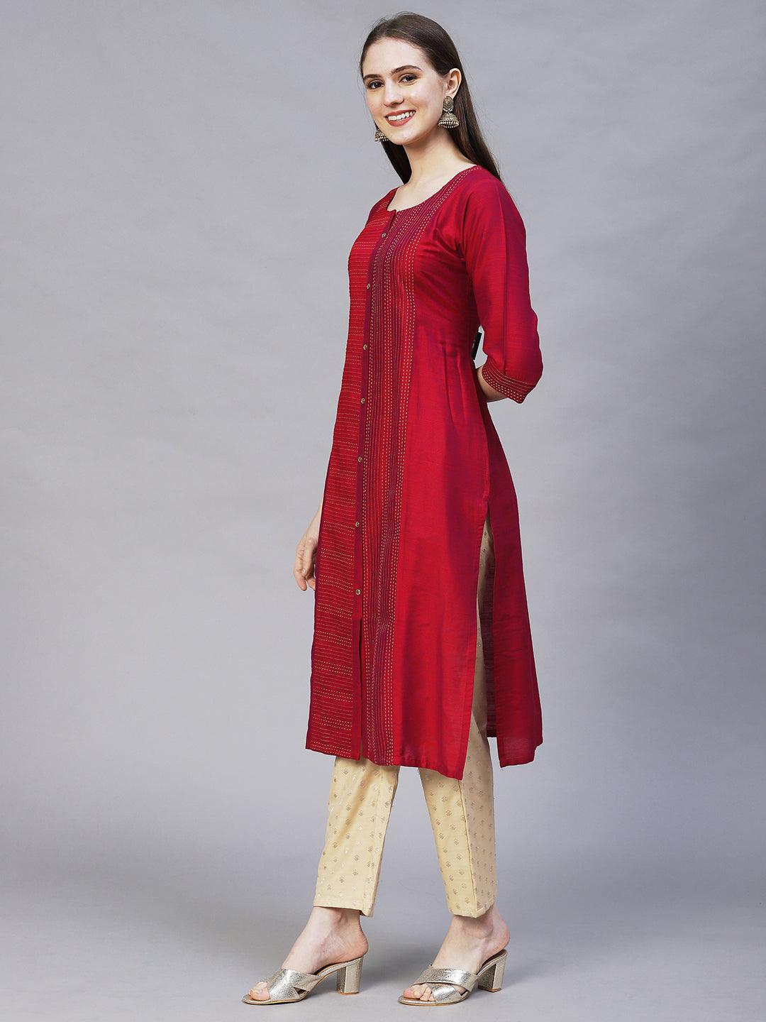 Ethnic Embroidered Straight Fit Kurta – Magenta - Indiakreations