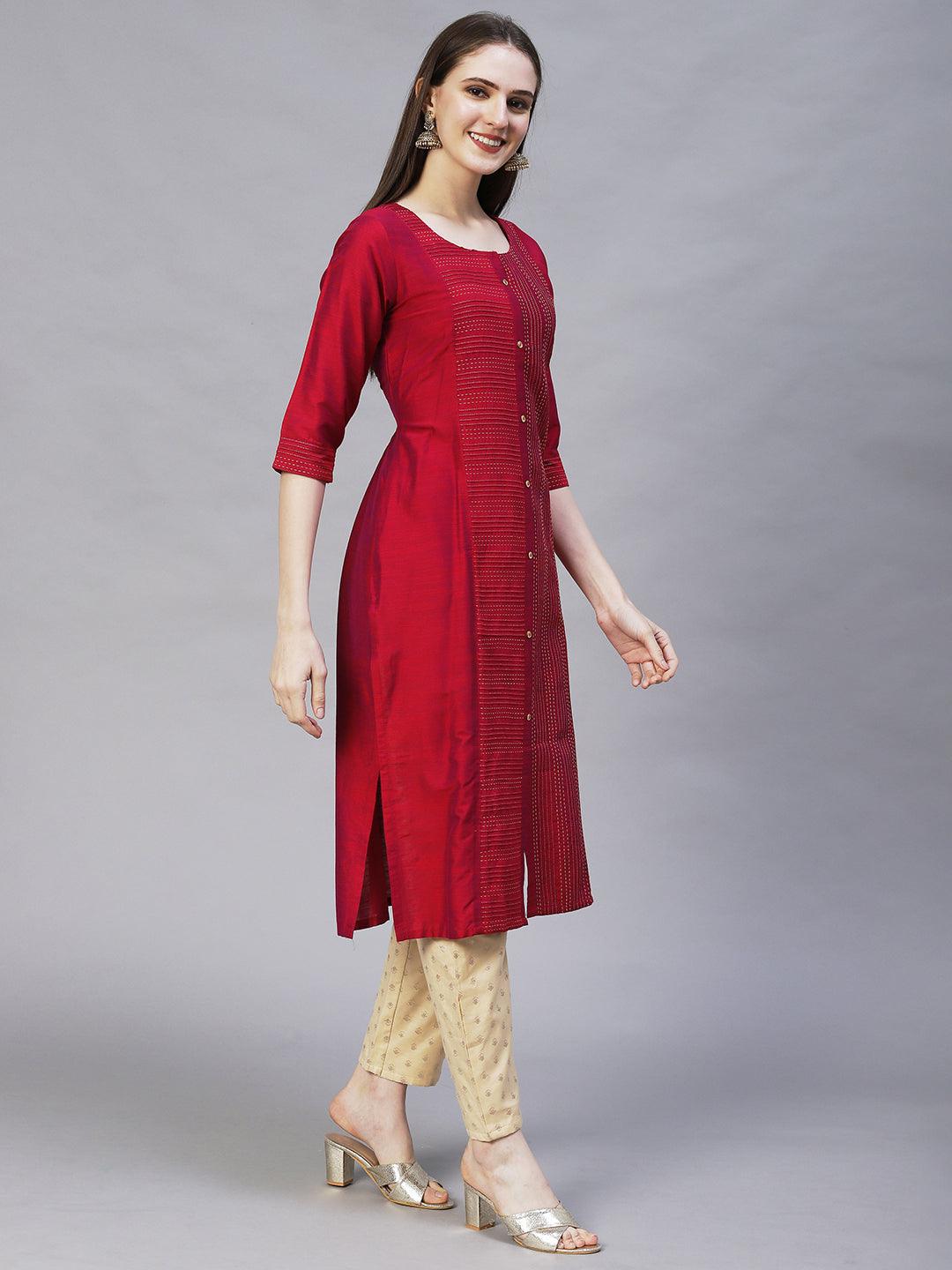 Ethnic Embroidered Straight Fit Kurta – Magenta - Indiakreations