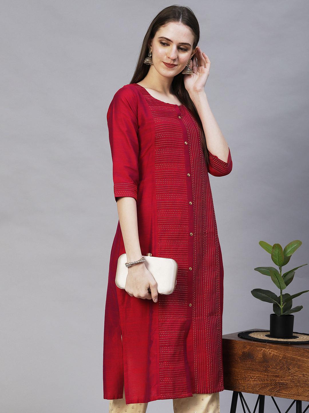 Ethnic Embroidered Straight Fit Kurta – Magenta - Indiakreations