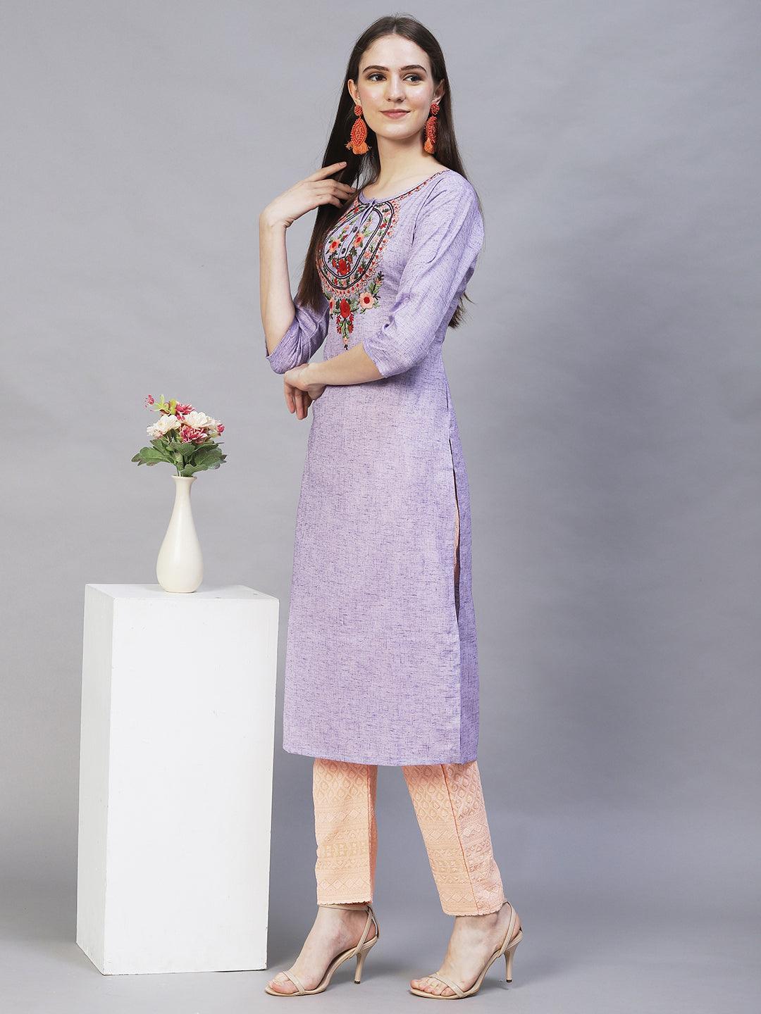 Floral Hand Embroidered Straight Fit Kurta – Light Purple - Indiakreations