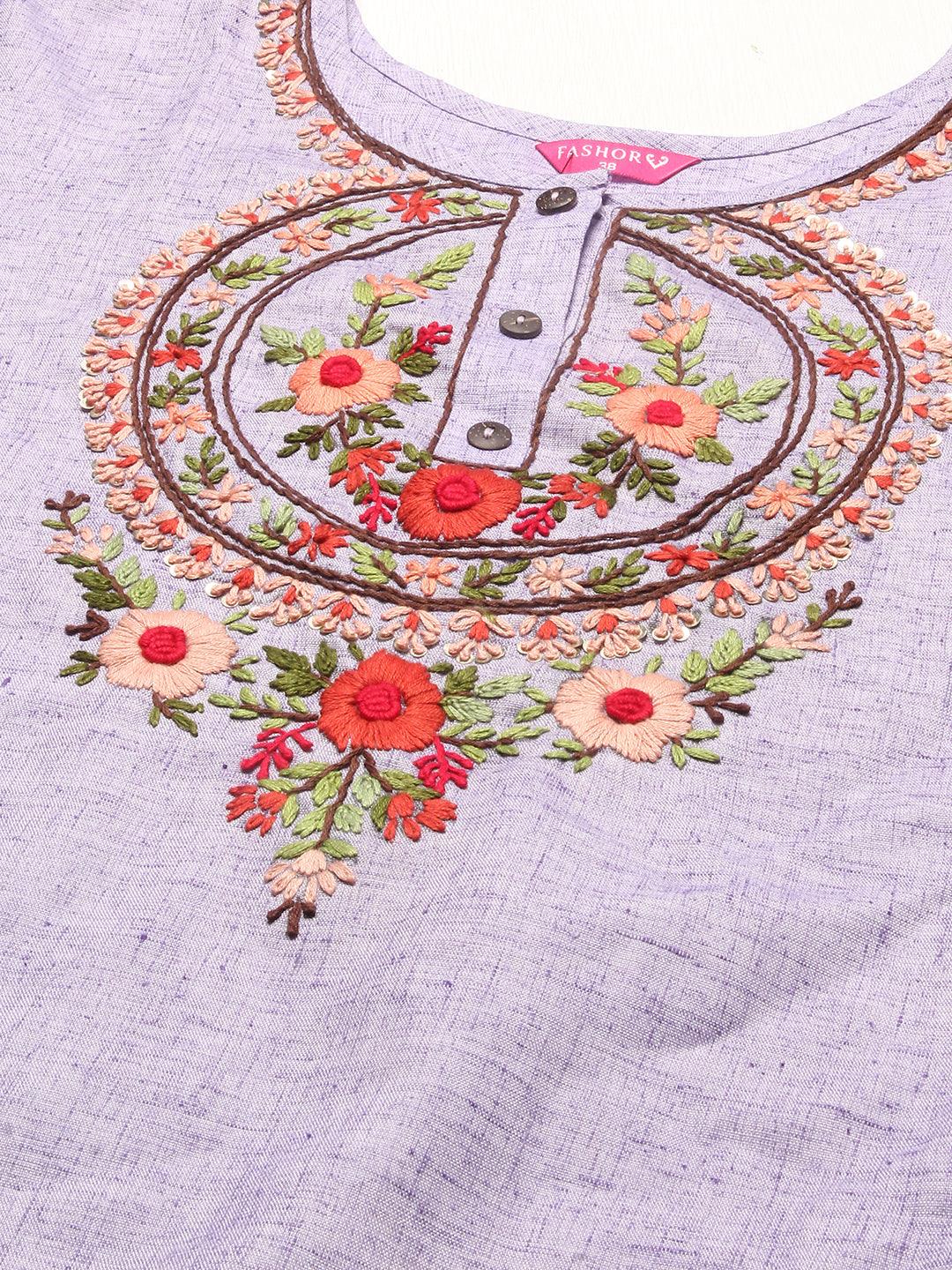 Floral Hand Embroidered Straight Fit Kurta – Light Purple - Indiakreations