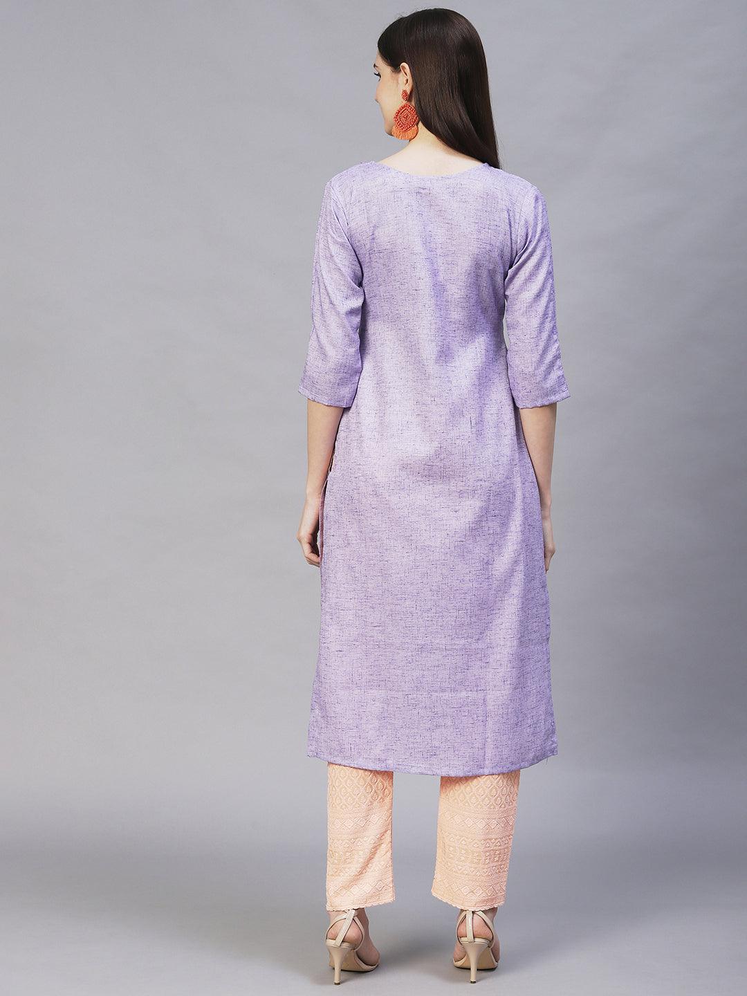 Floral Hand Embroidered Straight Fit Kurta – Light Purple - Indiakreations