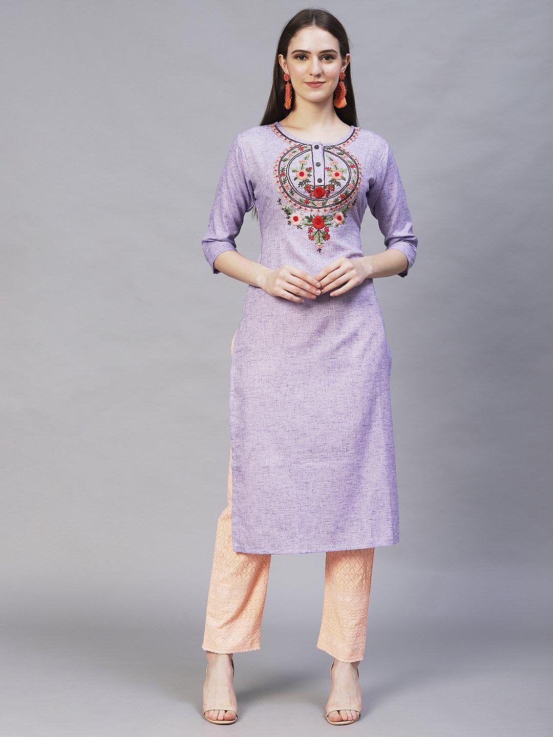 Floral Hand Embroidered Straight Fit Kurta – Light Purple - Indiakreations