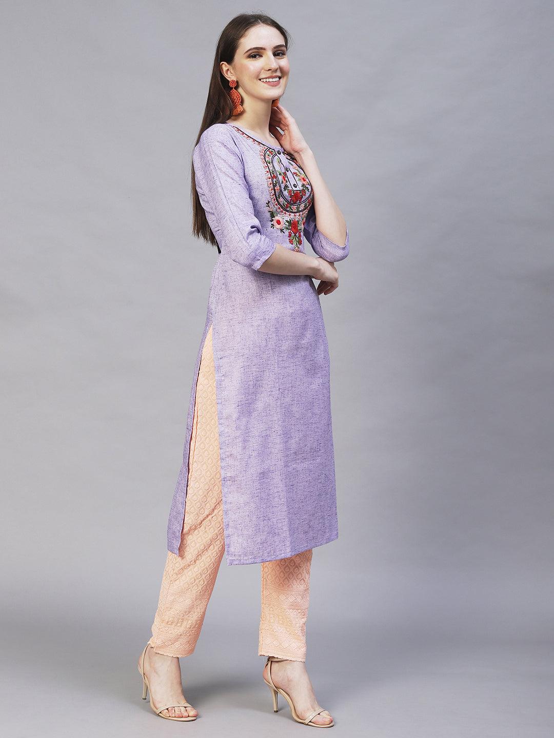 Floral Hand Embroidered Straight Fit Kurta – Light Purple - Indiakreations