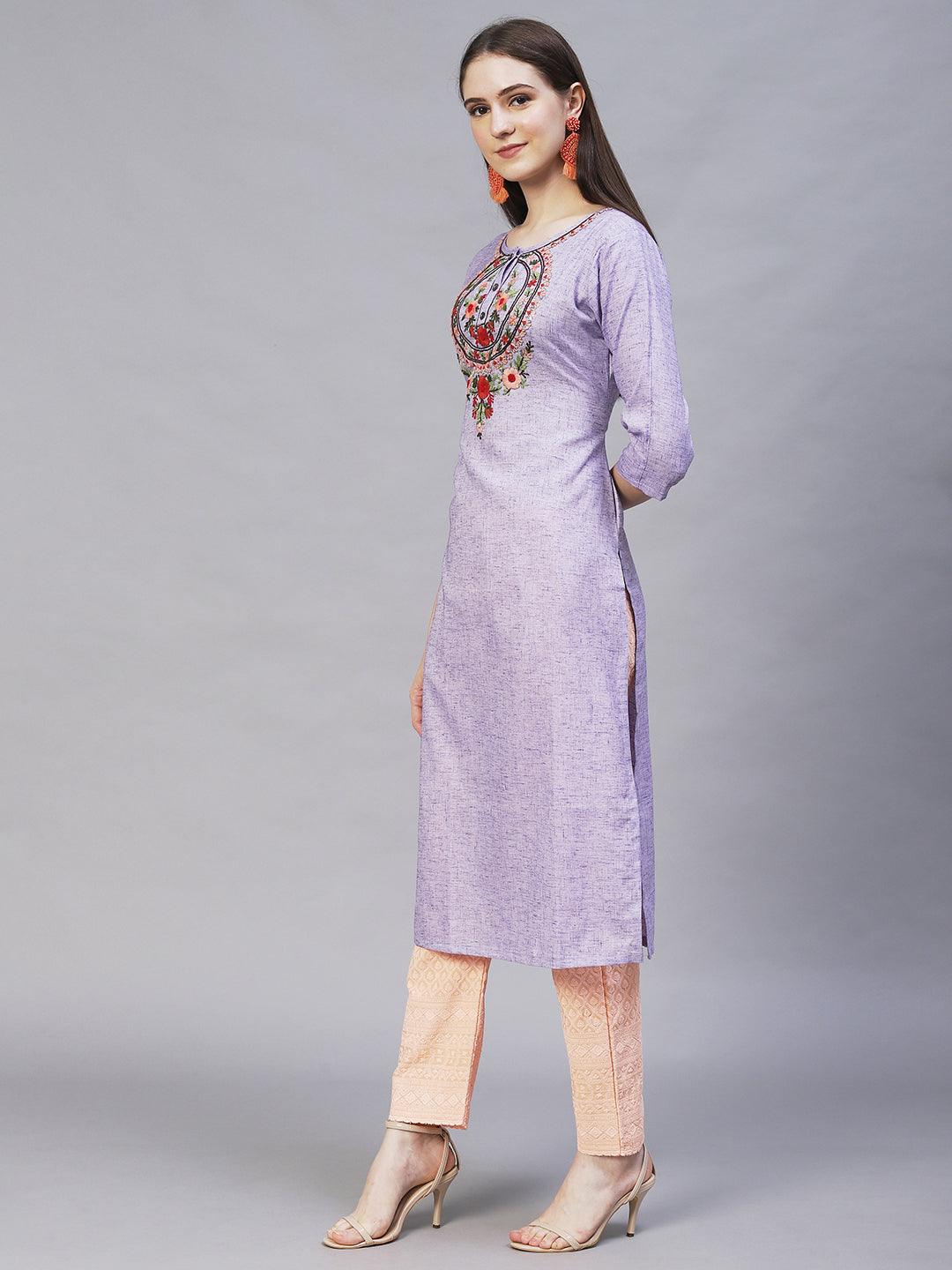 Floral Hand Embroidered Straight Fit Kurta – Light Purple - Indiakreations