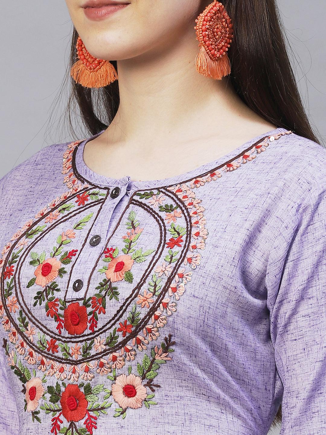 Floral Hand Embroidered Straight Fit Kurta – Light Purple - Indiakreations