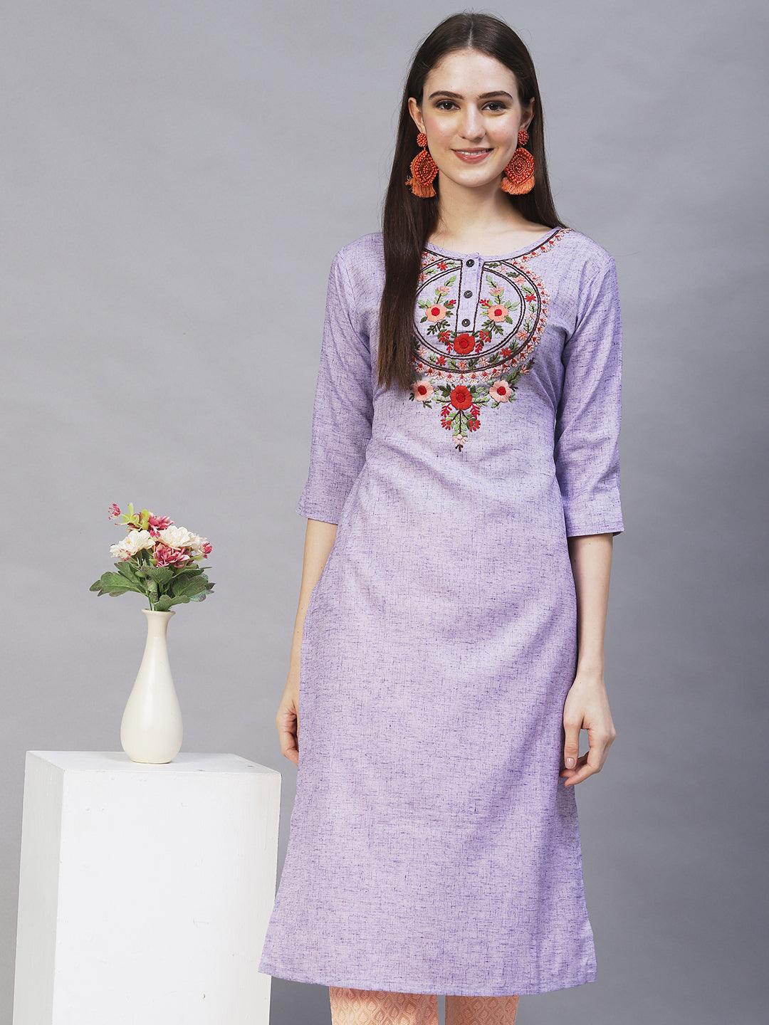 Floral Hand Embroidered Straight Fit Kurta – Light Purple - Indiakreations