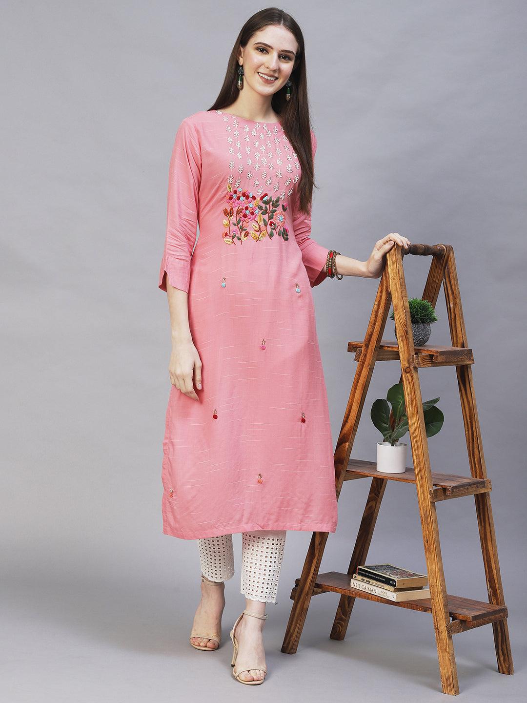 Floral Hand Embroidered Straight Fit Kurta – Pink - Indiakreations