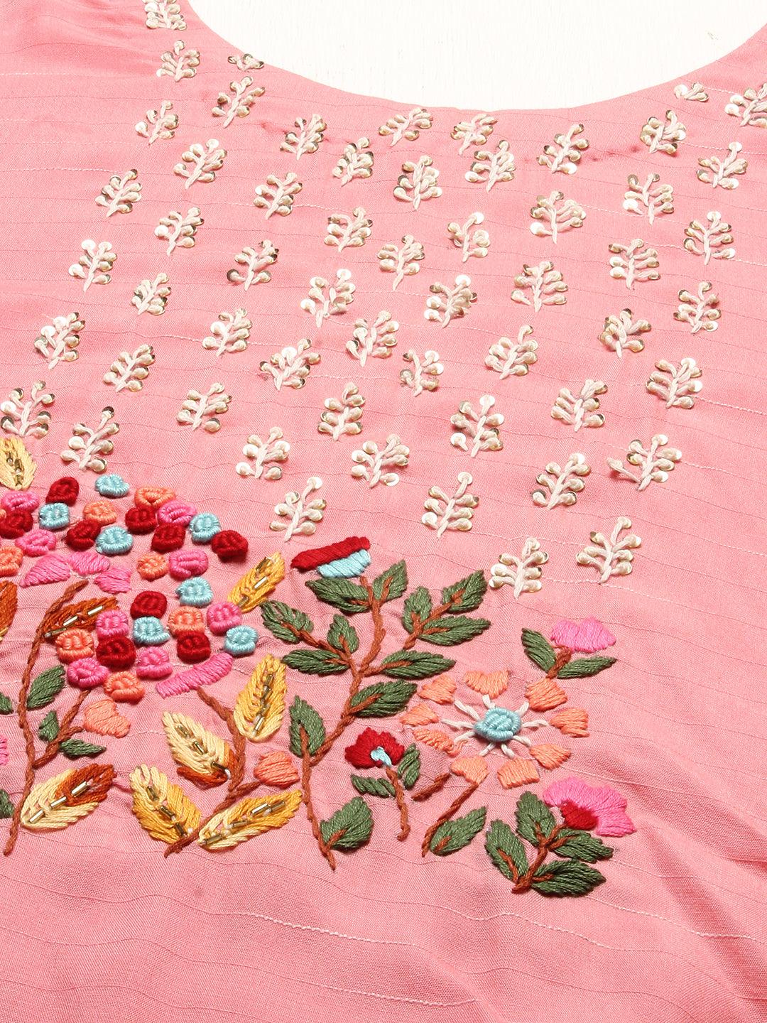 Floral Hand Embroidered Straight Fit Kurta – Pink - Indiakreations