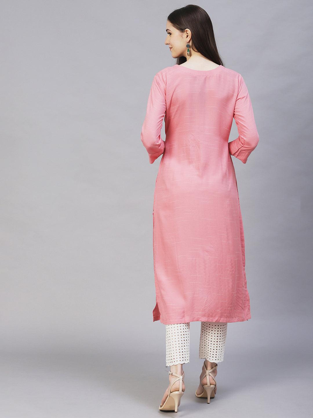 Floral Hand Embroidered Straight Fit Kurta – Pink - Indiakreations