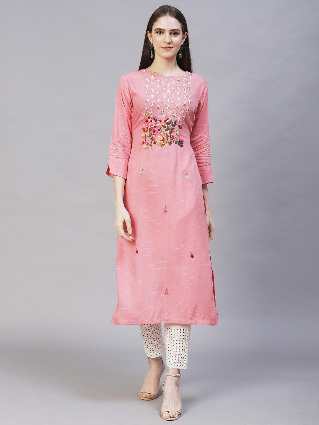 Floral Hand Embroidered Straight Fit Kurta – Pink - Indiakreations