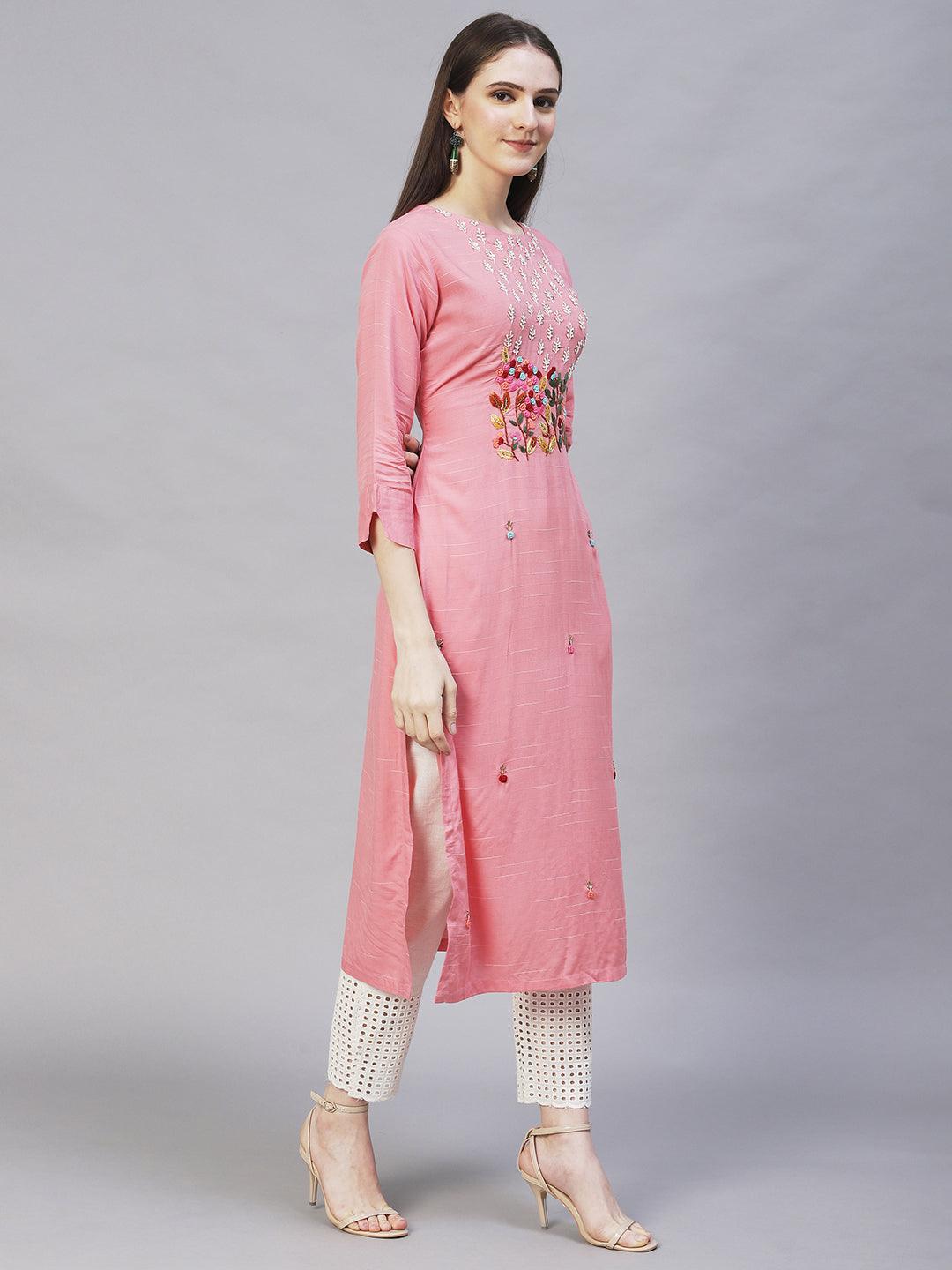 Floral Hand Embroidered Straight Fit Kurta – Pink - Indiakreations