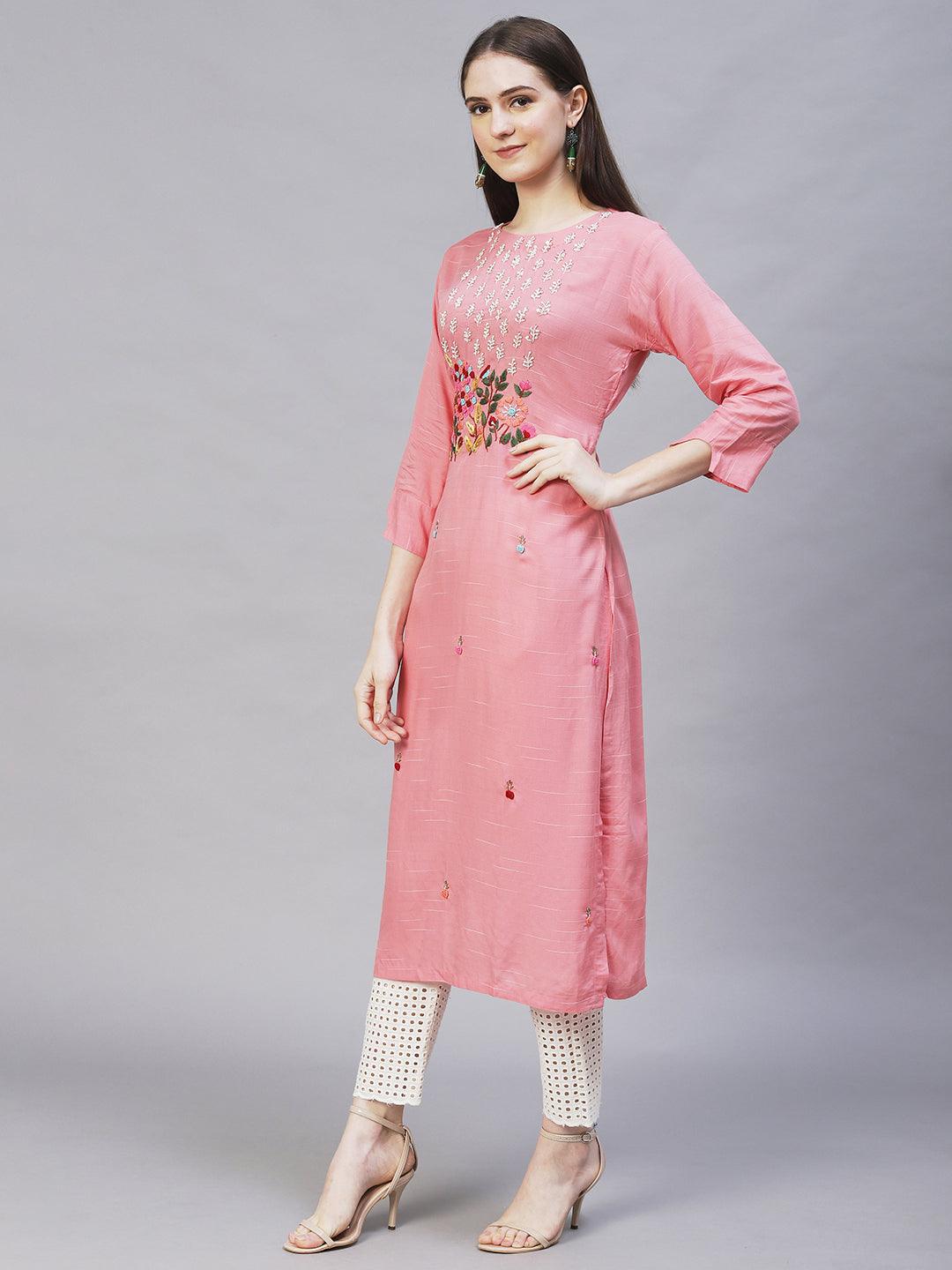 Floral Hand Embroidered Straight Fit Kurta – Pink - Indiakreations